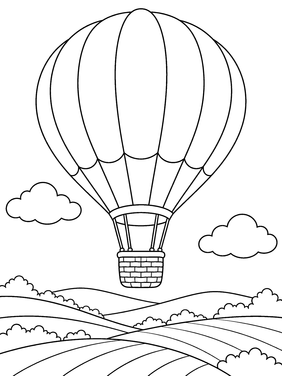 Large paneled hot air balloon and small basket above rolling fields, with two clouds.