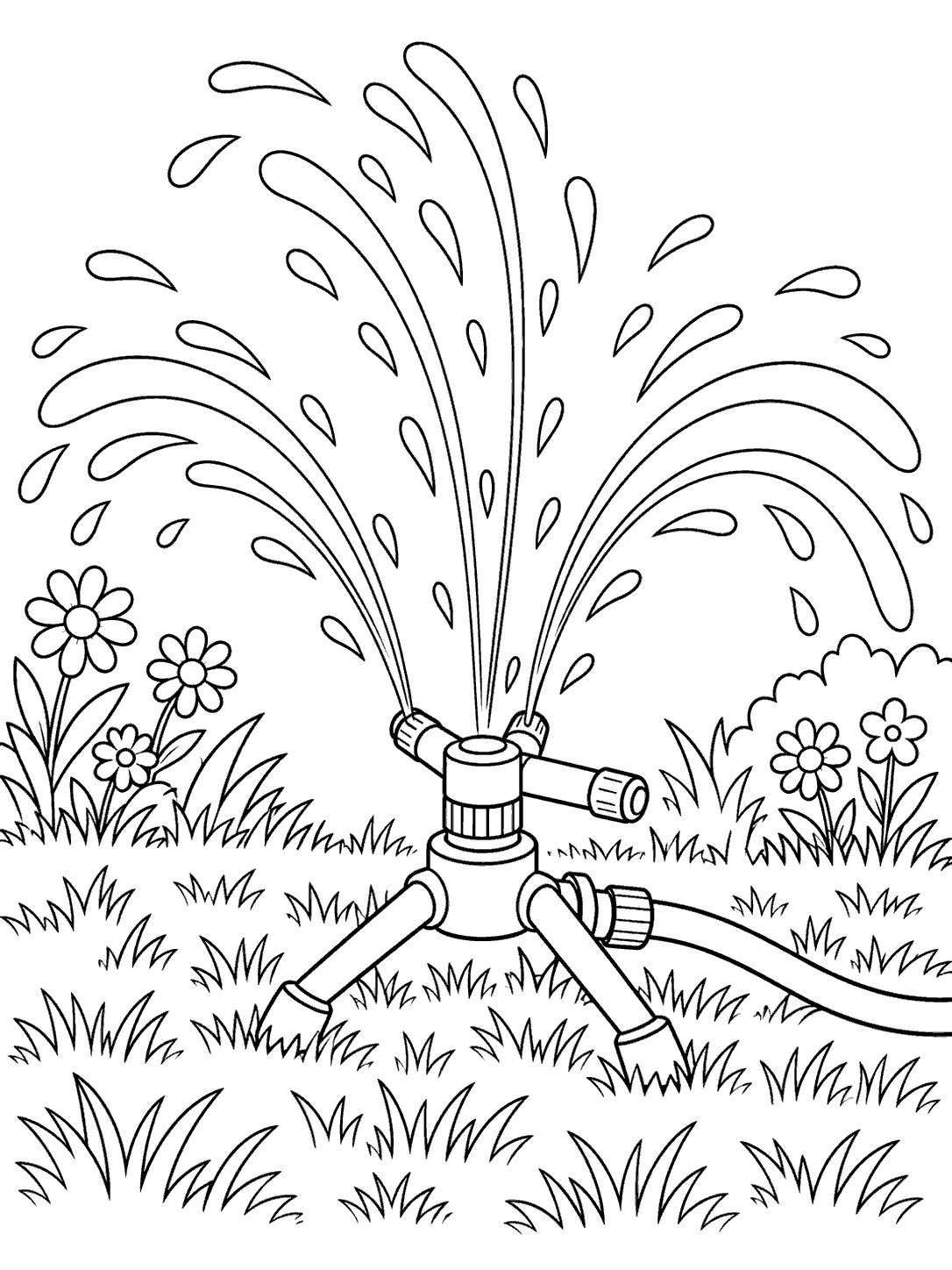 Three-legged garden sprinkler spraying curved water arcs over grass, with flowers along the lawn edge.