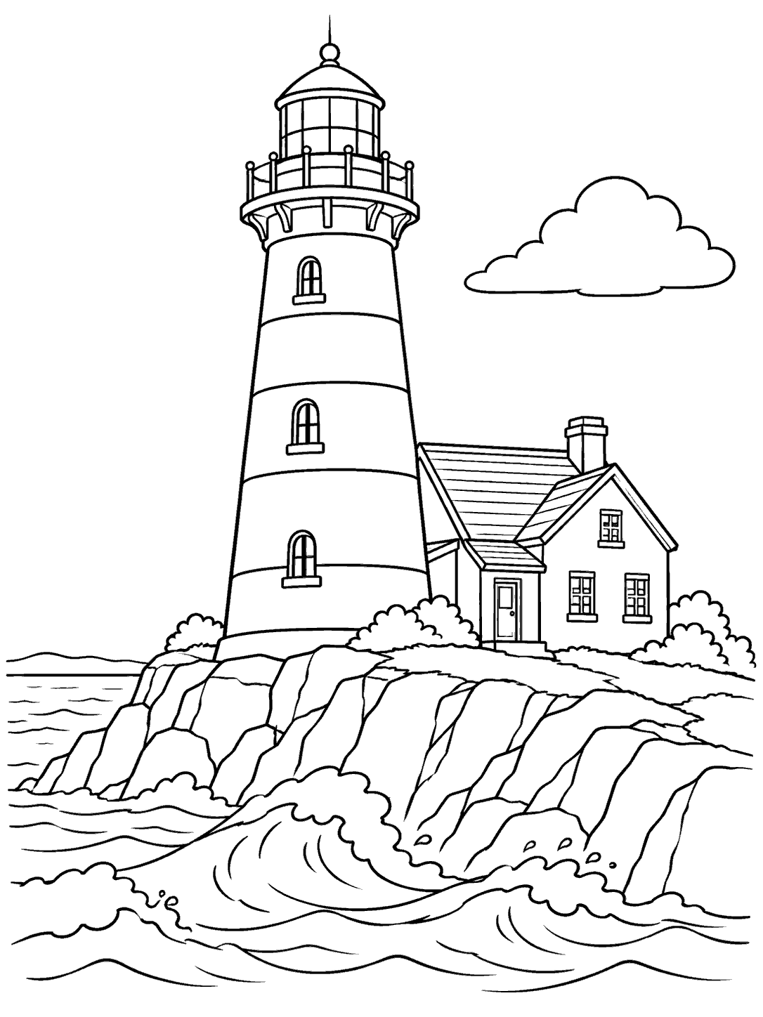 Black-and-white coloring page of a striped lighthouse with an attached cottage on a rocky coast, with waves and a cloud.