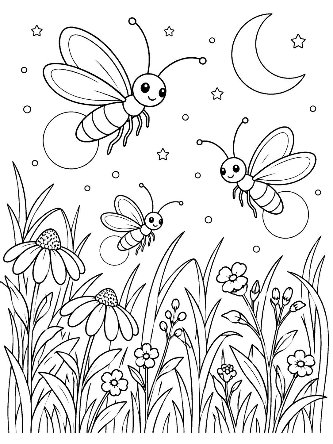 Three smiling fireflies with outlined glow circles float above tall grass and wildflowers beneath a crescent moon and stars.