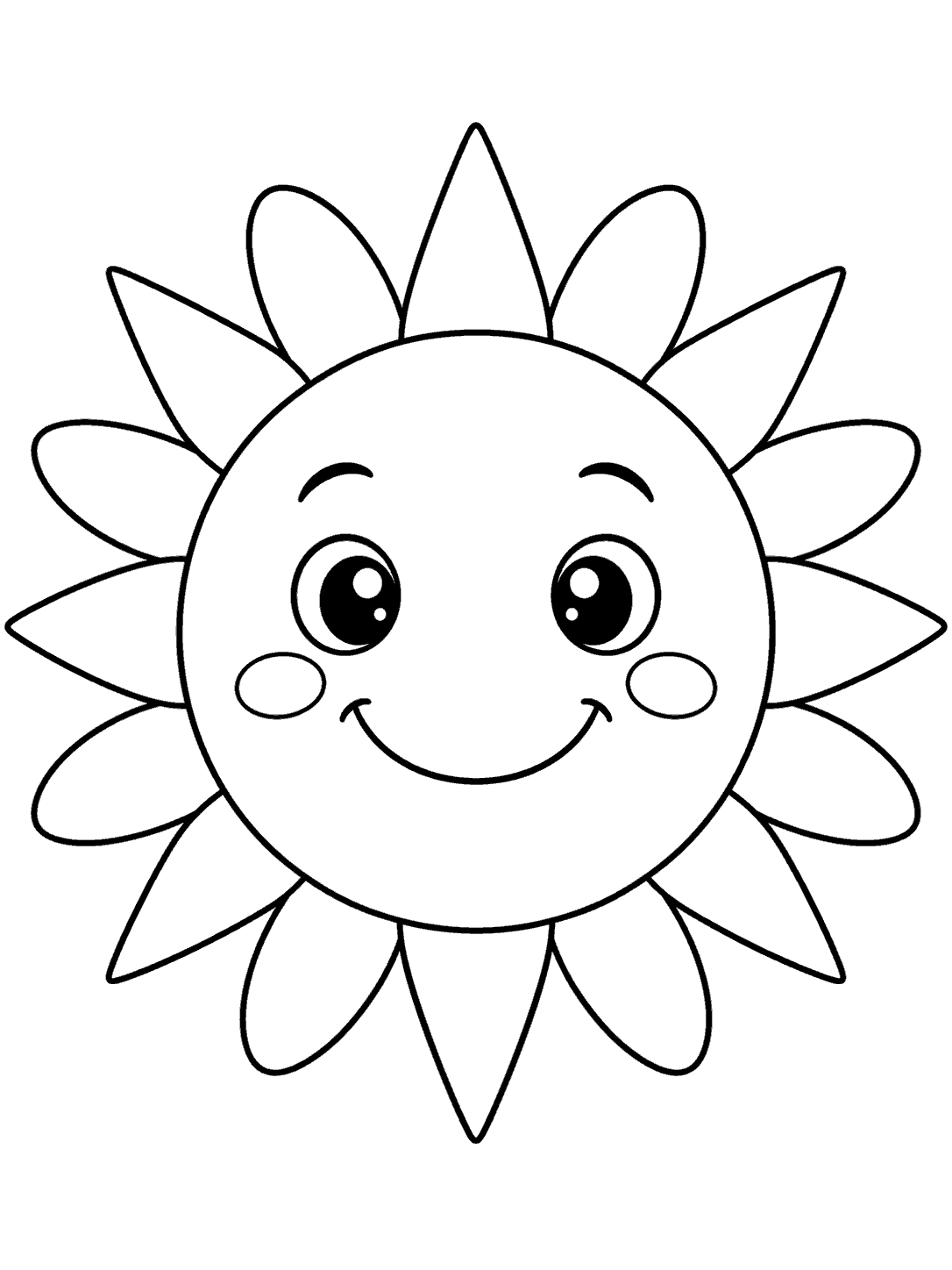 A cheerful sun with a friendly face, large eyes, and alternating broad pointed and rounded rays.
