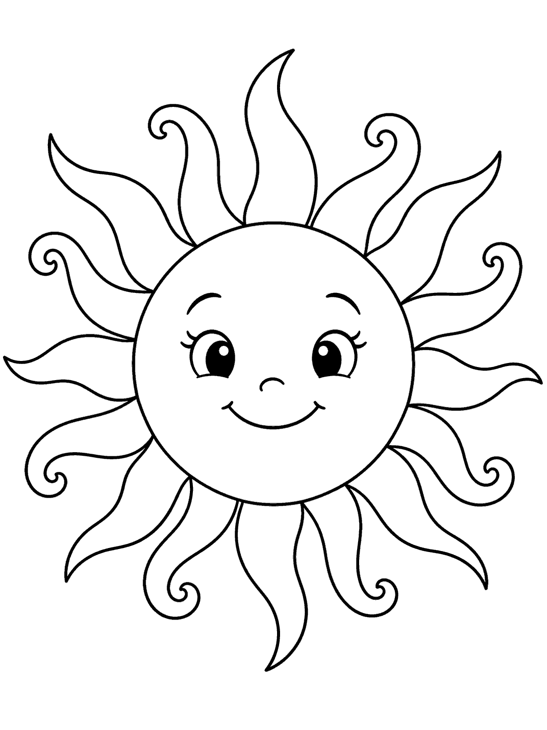 A round smiling sun with long, alternating wavy and curled rays, drawn in black outlines on white.