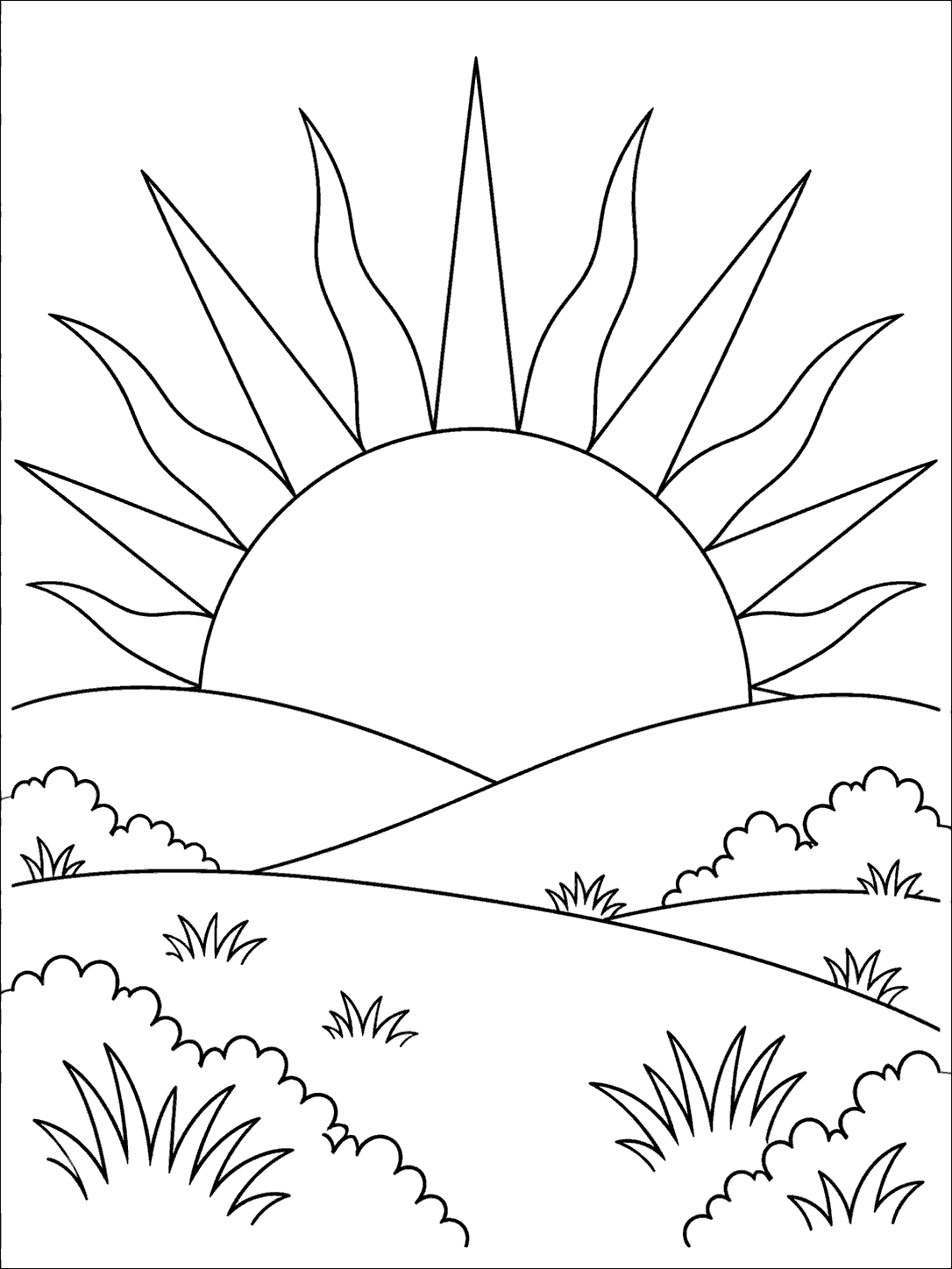 A large half sun with long rays rising behind layered rolling hills, bushes, and tufts of grass, drawn in black outlines on white.
