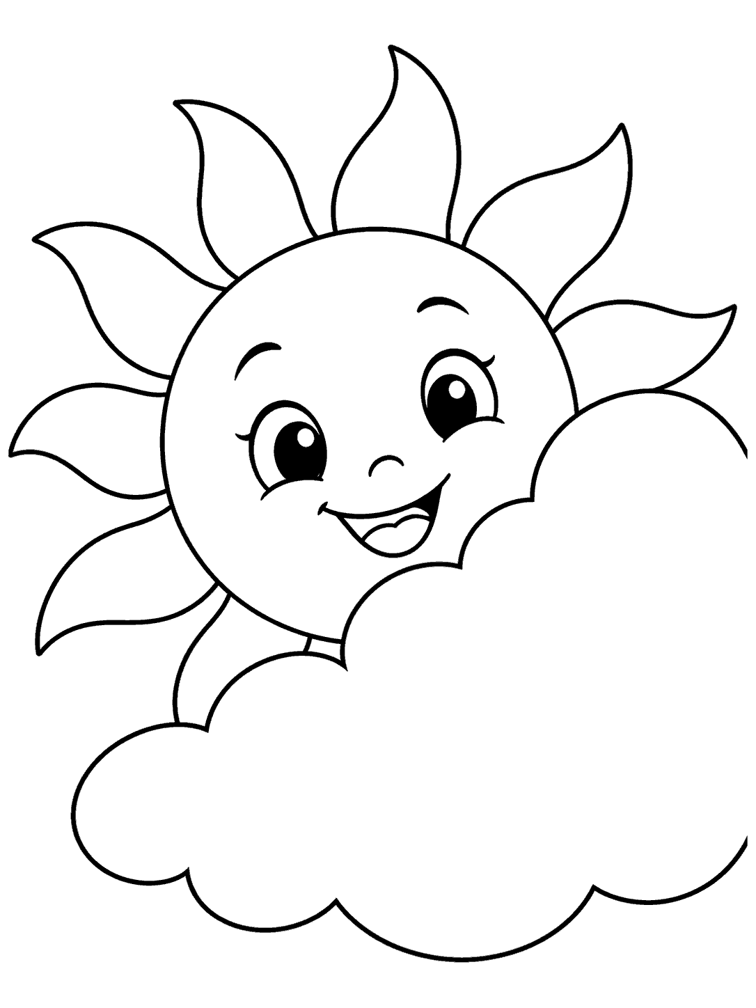 A smiling sun with broad rays partly hidden behind a large cloud in a black-and-white coloring page.