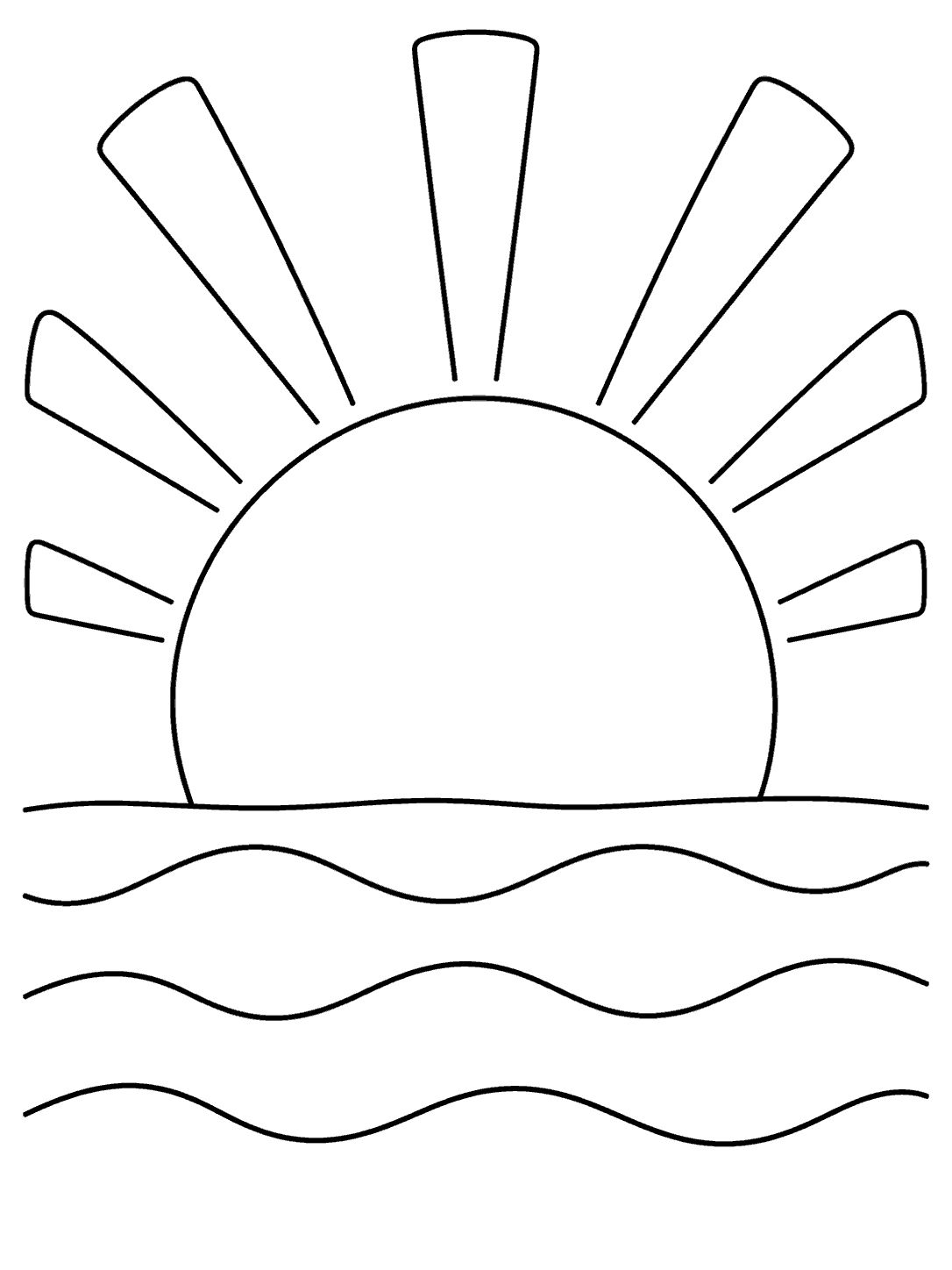 A large unfilled sun with broad rays sits at a straight ocean horizon above three simple rolling waves.