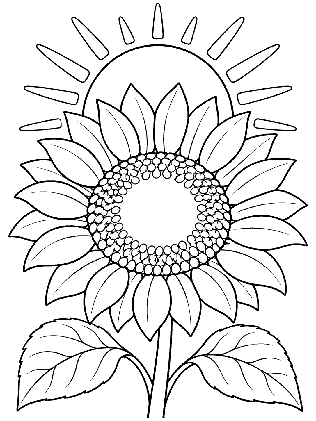A large sunflower with a broad petal ring, open center, sturdy stem, and two leaves stands in front of a round sun with simple rays.