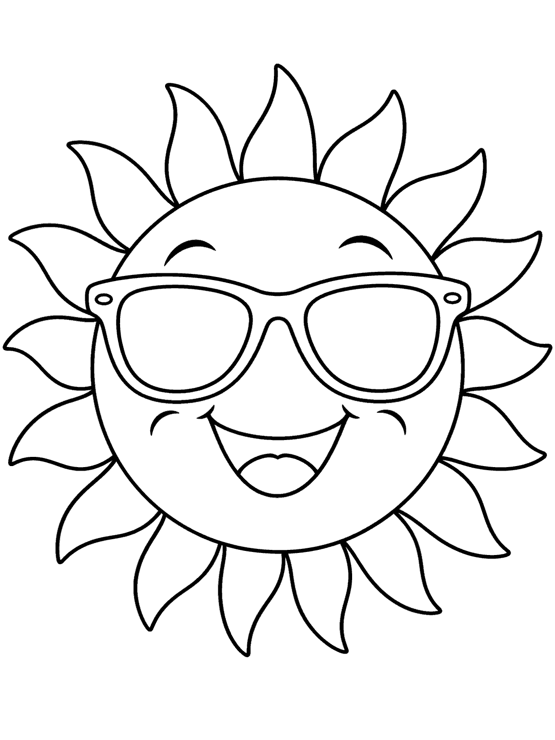 A smiling round sun with broad rays and large outlined sunglasses with empty lenses.