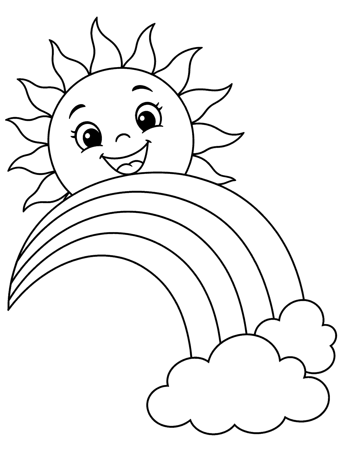 A smiling sun with wavy rays peeks from behind a broad four-band rainbow that ends in clouds, drawn in black outlines on white.