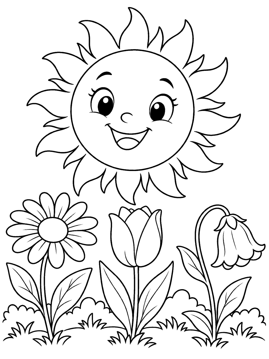 A large smiling sun above three flowers—a daisy, tulip, and bell-shaped bloom—with stems, leaves, and simple garden plants.