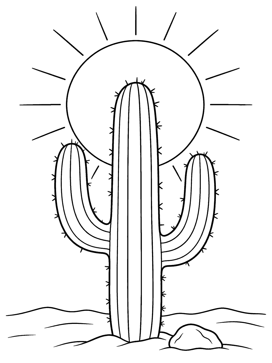 Black line art of a tall saguaro cactus with two upturned arms in front of a large round sun, with a low desert ground line and one rock.