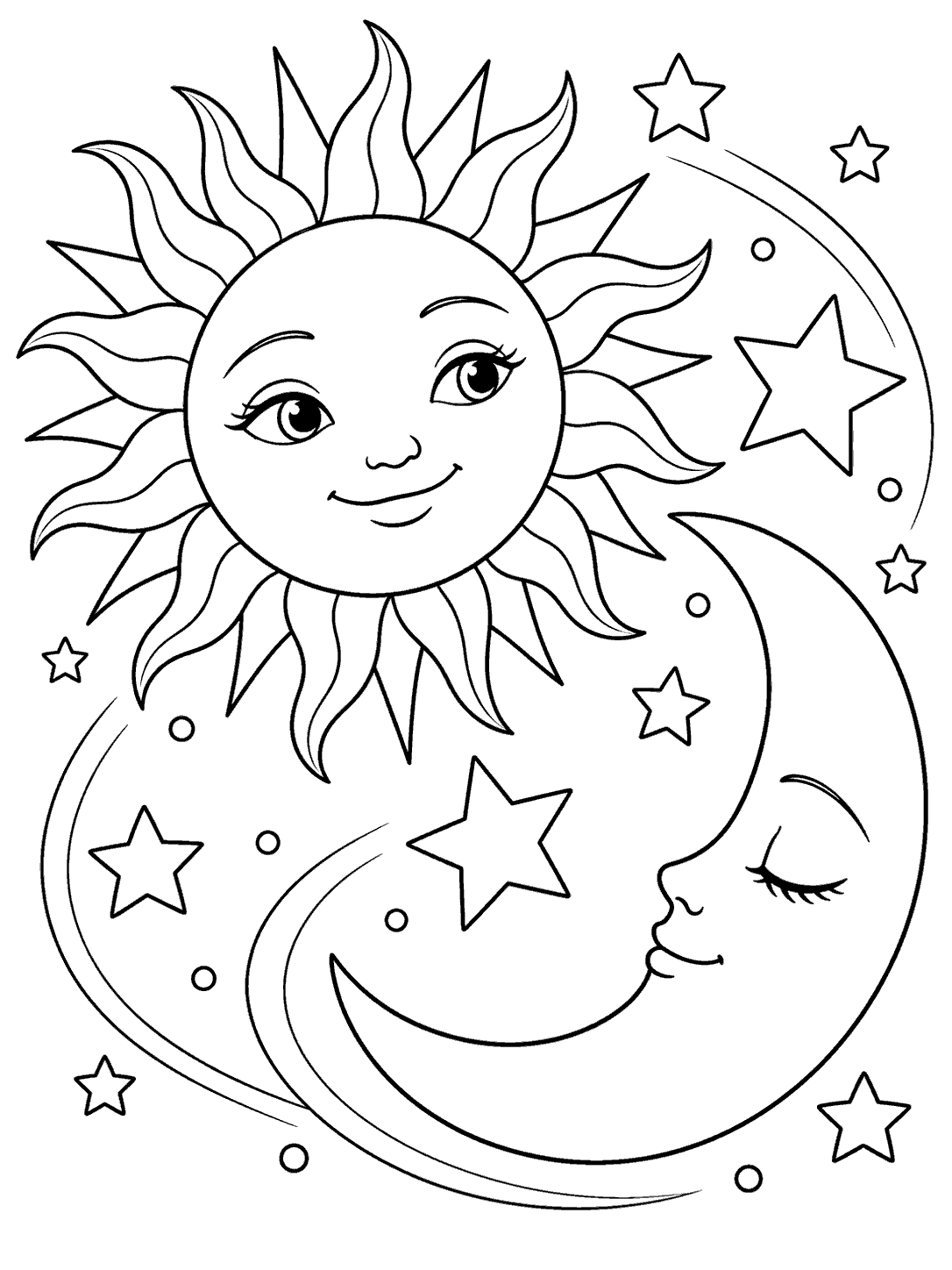 A large smiling sun overlaps a crescent moon, surrounded by outlined stars and small circles.
