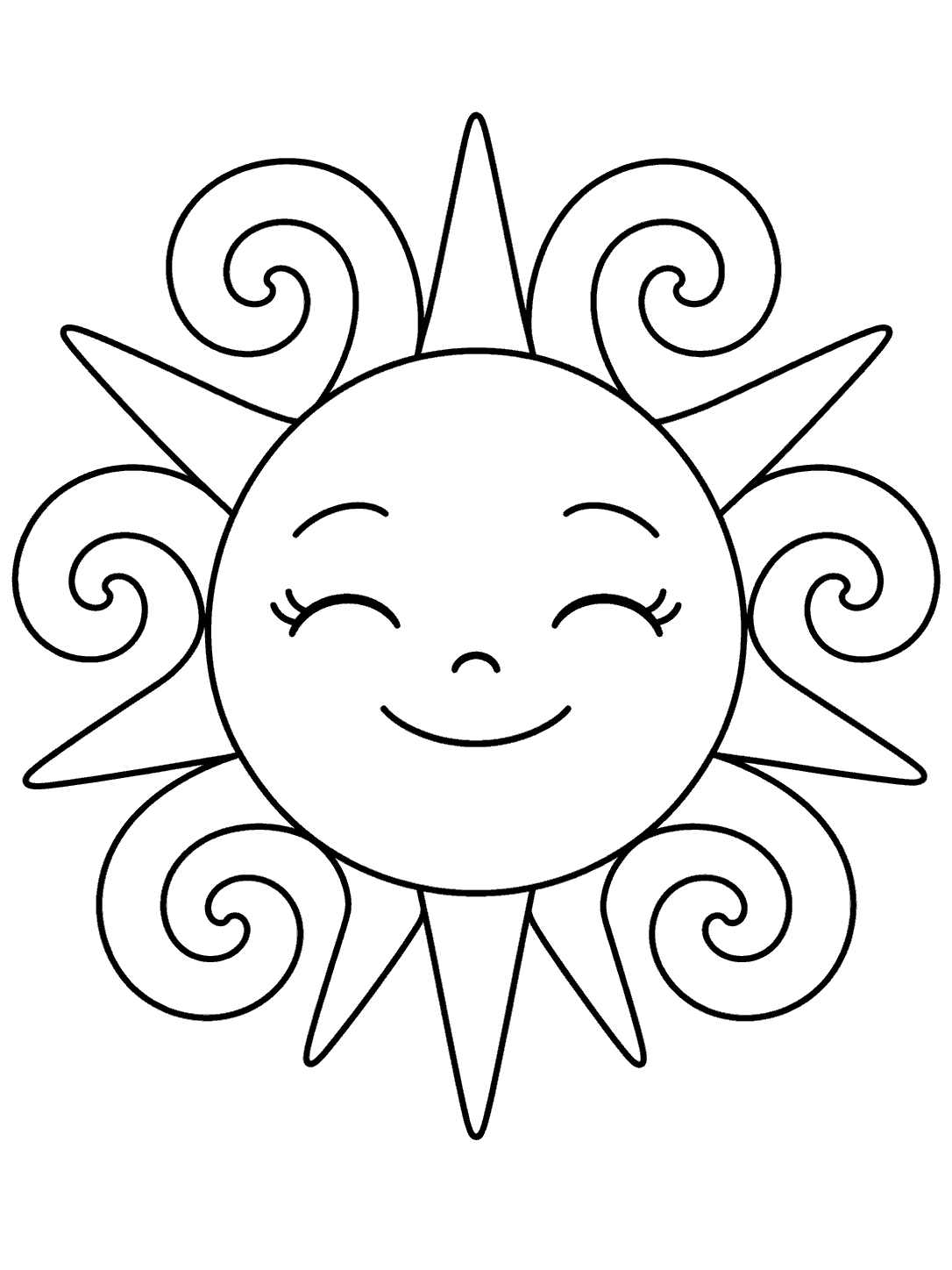 A centered smiling sun with closed eyes, eight broad spiral curls, and eight pointed rays on a white page.