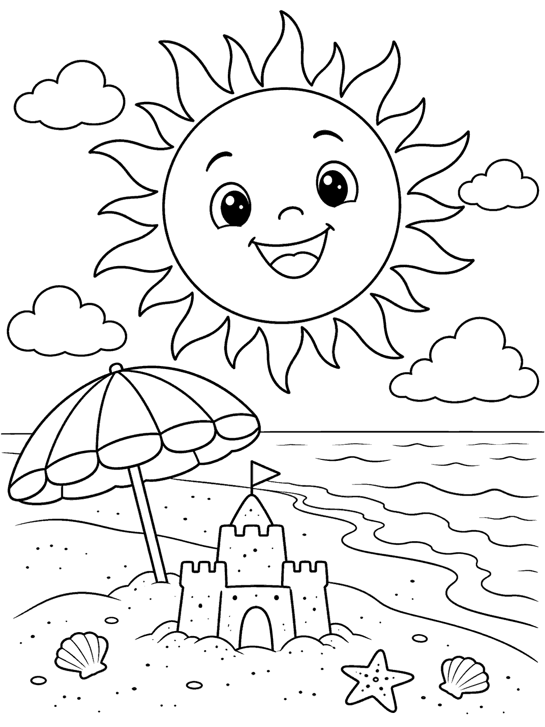 A large smiling sun above a striped beach umbrella, sandcastle, gently curved shoreline, clouds, shells, and a starfish in a black-and-white coloring page.