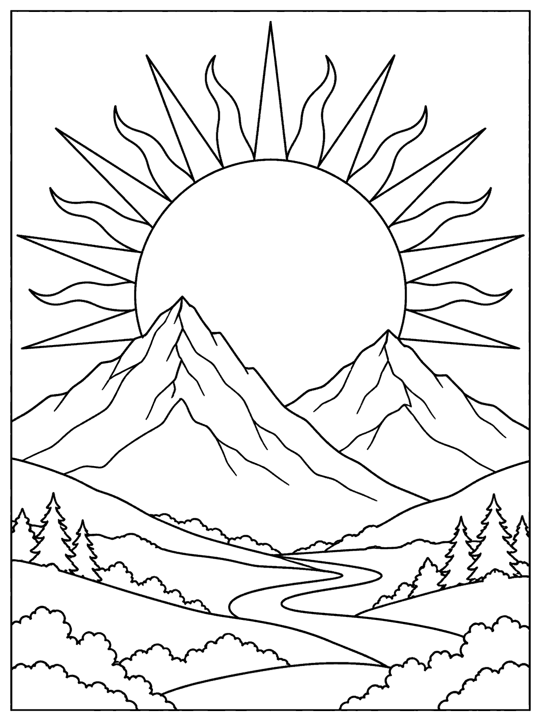 A large round sun with spreading rays rises behind two distinct mountain peaks, above a winding valley with simple trees and shrubs.
