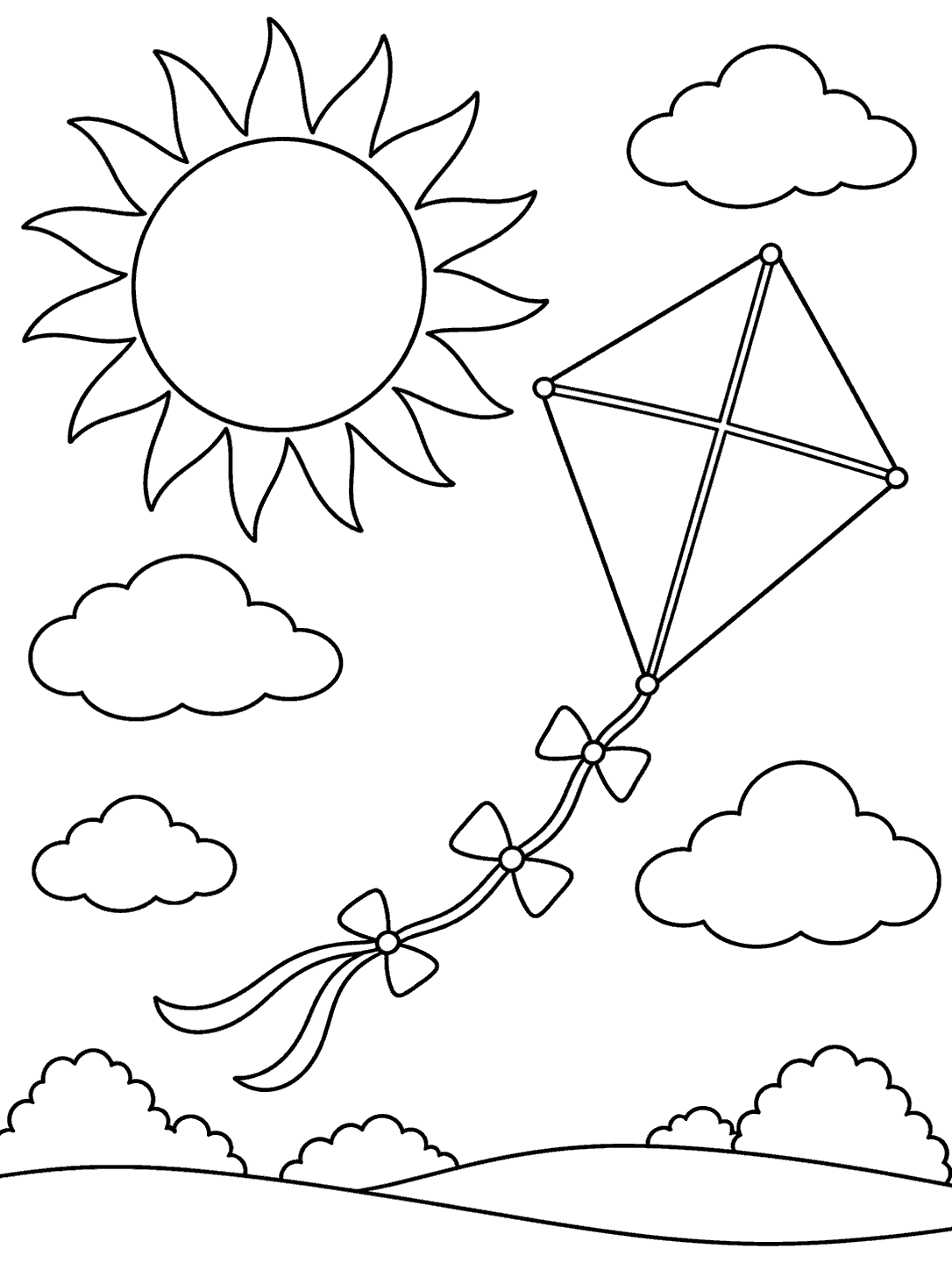 A large sun with broad rays fills the upper left, while a diamond-shaped kite with a curved tail and three bows floats among clouds above rolling hills.