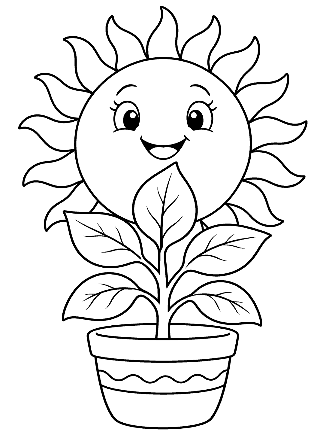A smiling sun behind a five-leaf plant in a wide decorative pot.