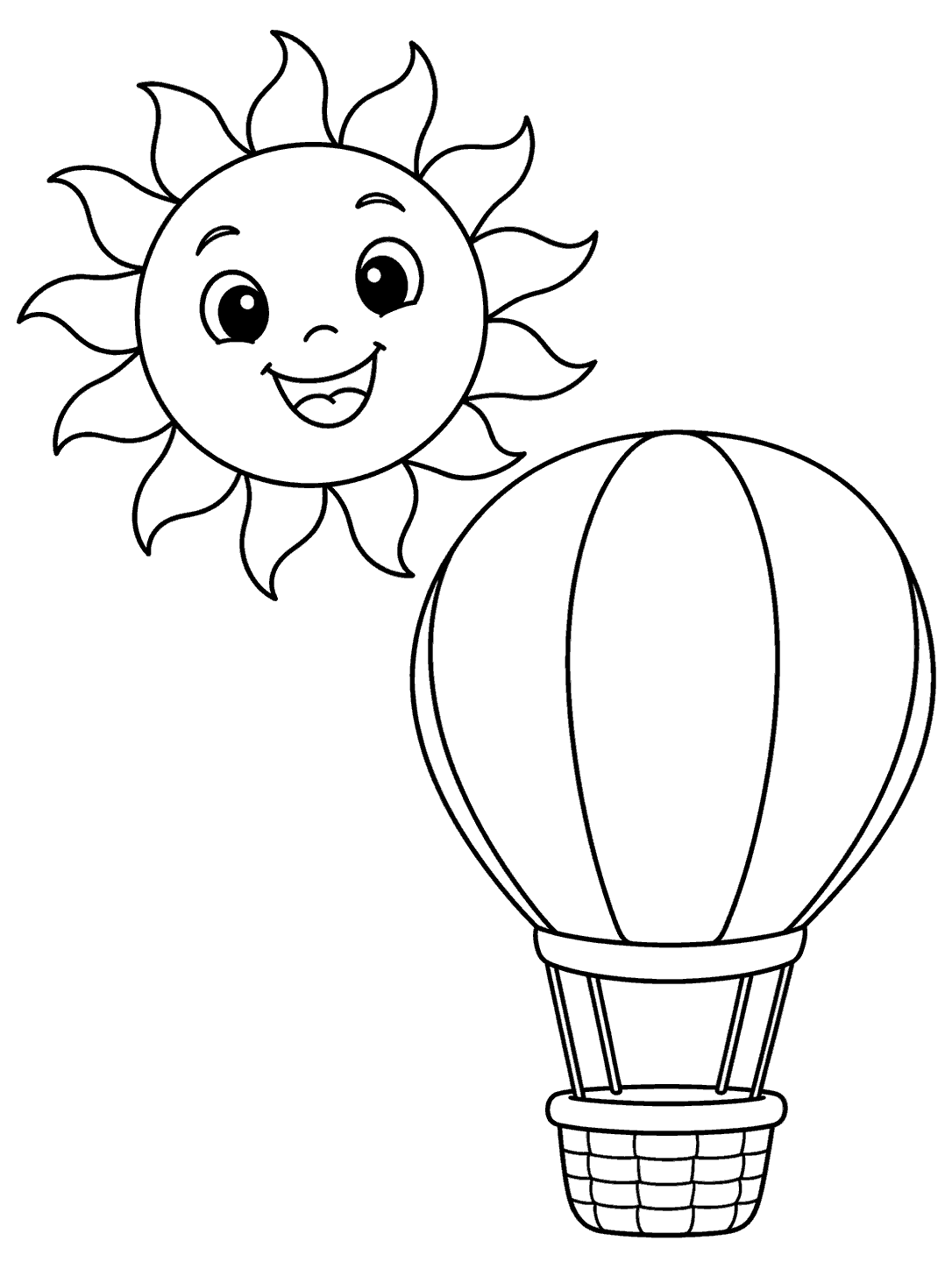 A large smiling sun beside a rounded hot air balloon with three broad panels, ropes, and a small basket.