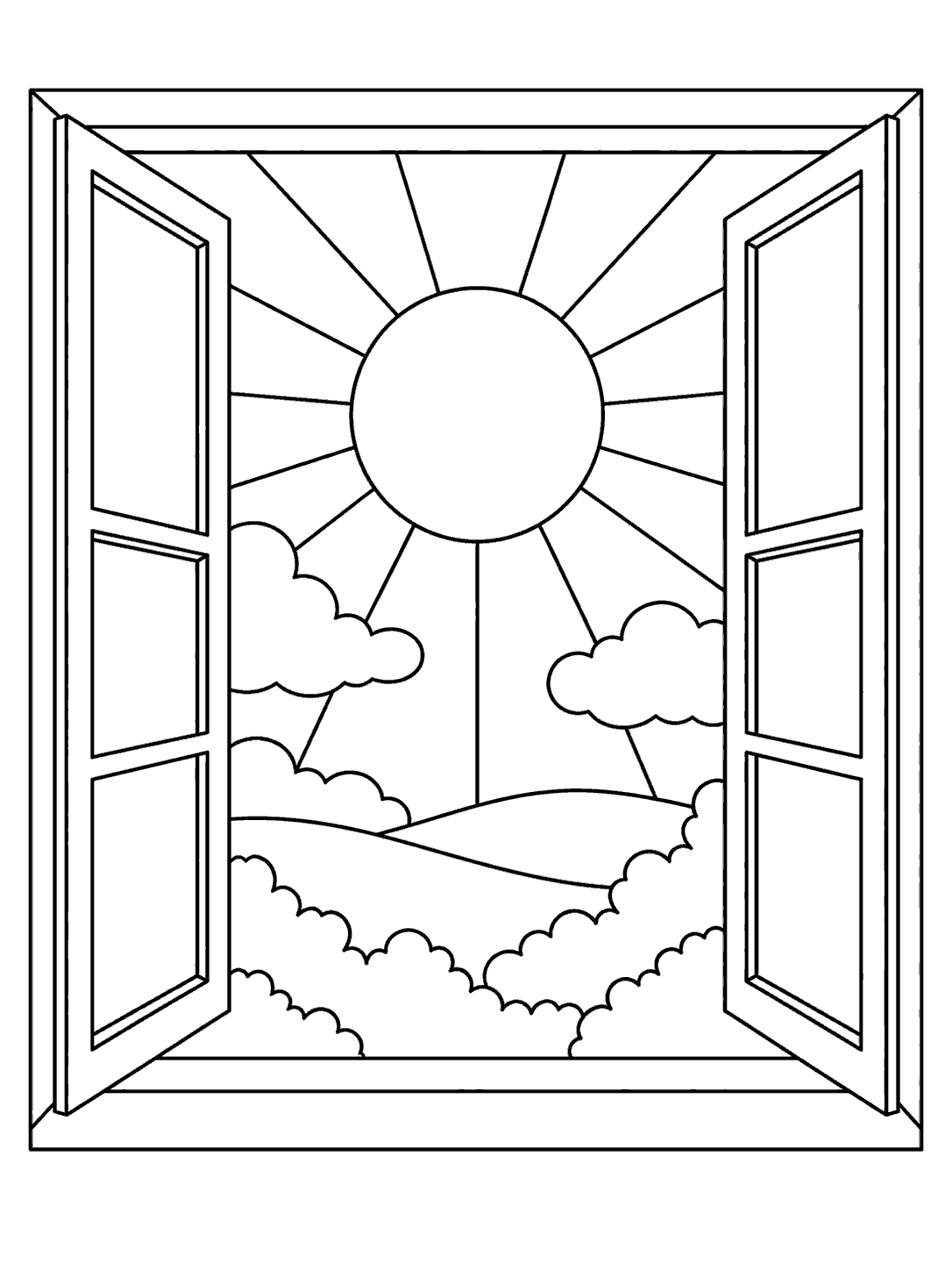 A large round sun with broad rays and clouds outside a simple open window with four panes.