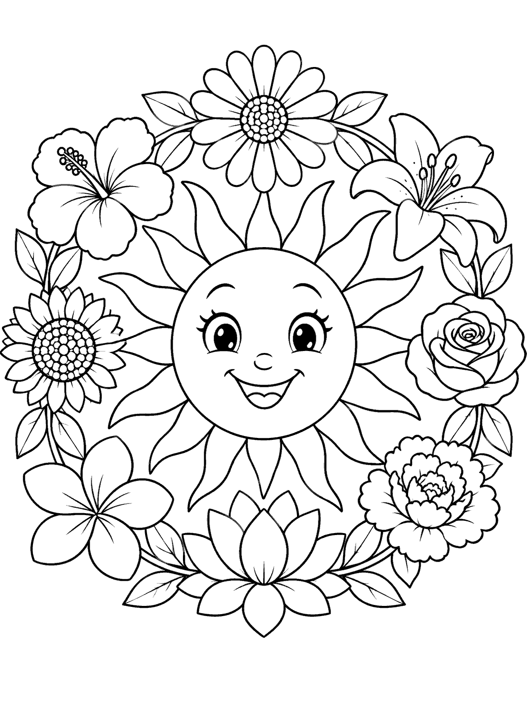 A smiling sun framed by a circular wreath of eight broad-petaled flowers and leaves.