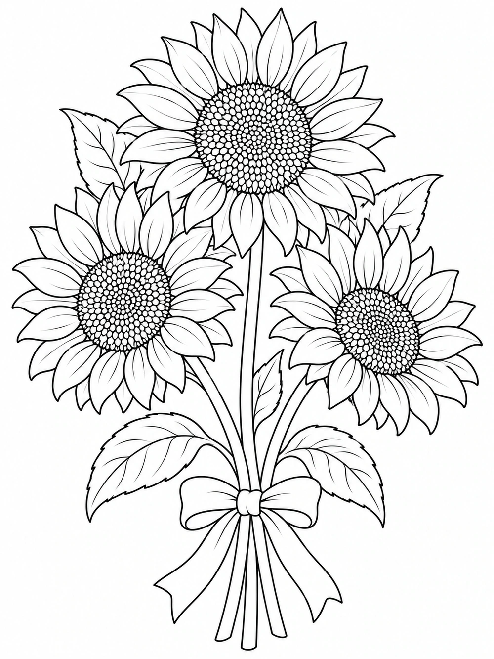 Bouquet of three sunflowers tied with a ribbon