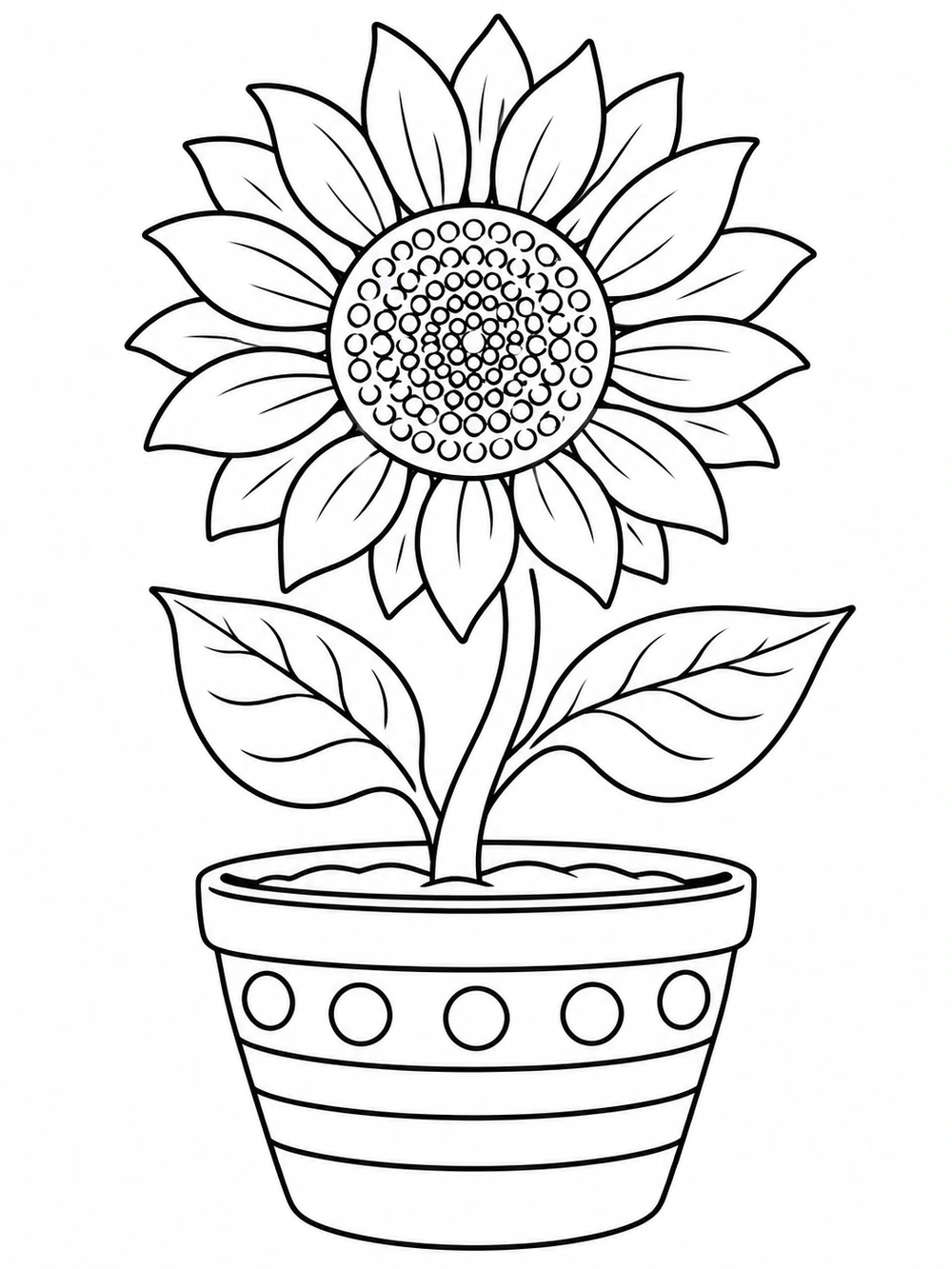 Black-and-white sunflower coloring page with two leaves and a dotted, striped flowerpot