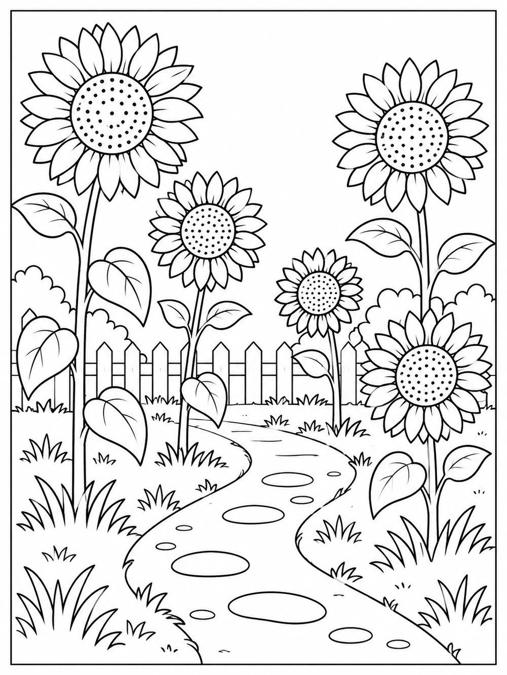 Five sunflowers of varied heights, a low fence, and tufts of grass around a winding path in a black-and-white coloring page.