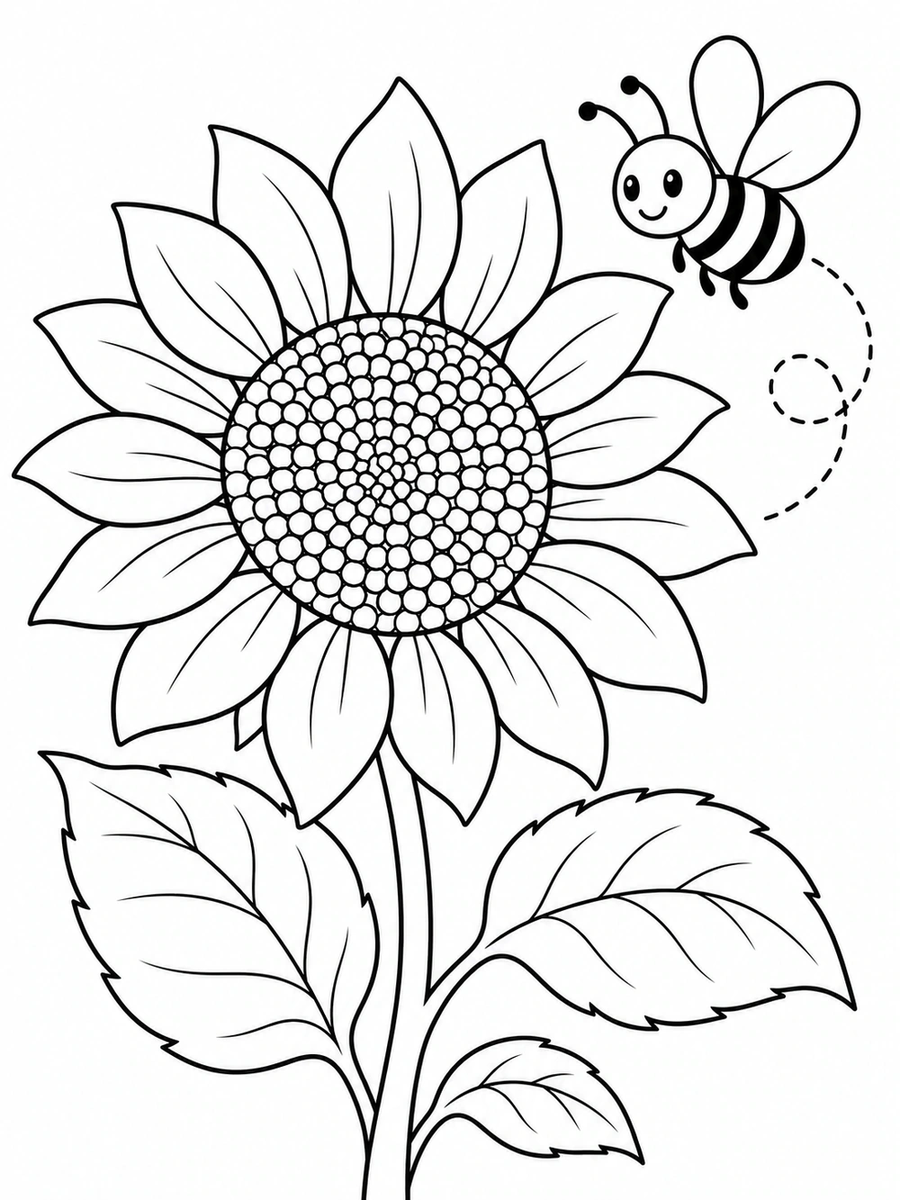 A friendly bee with simple flight-loop marks hovers beside a large sunflower with broad petals, a detailed center, stem, and leaves.