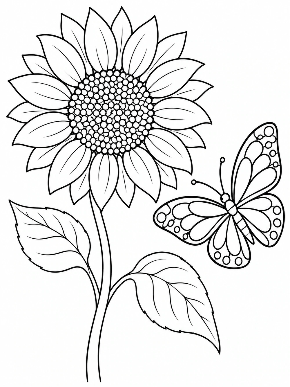 Butterfly near a tall sunflower with open wings