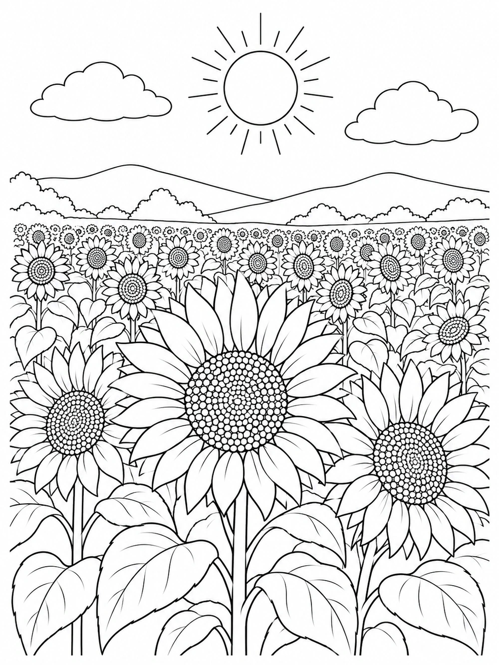 Sunflower field with large foreground blooms, receding rows, distant hills, a sun, and two clouds