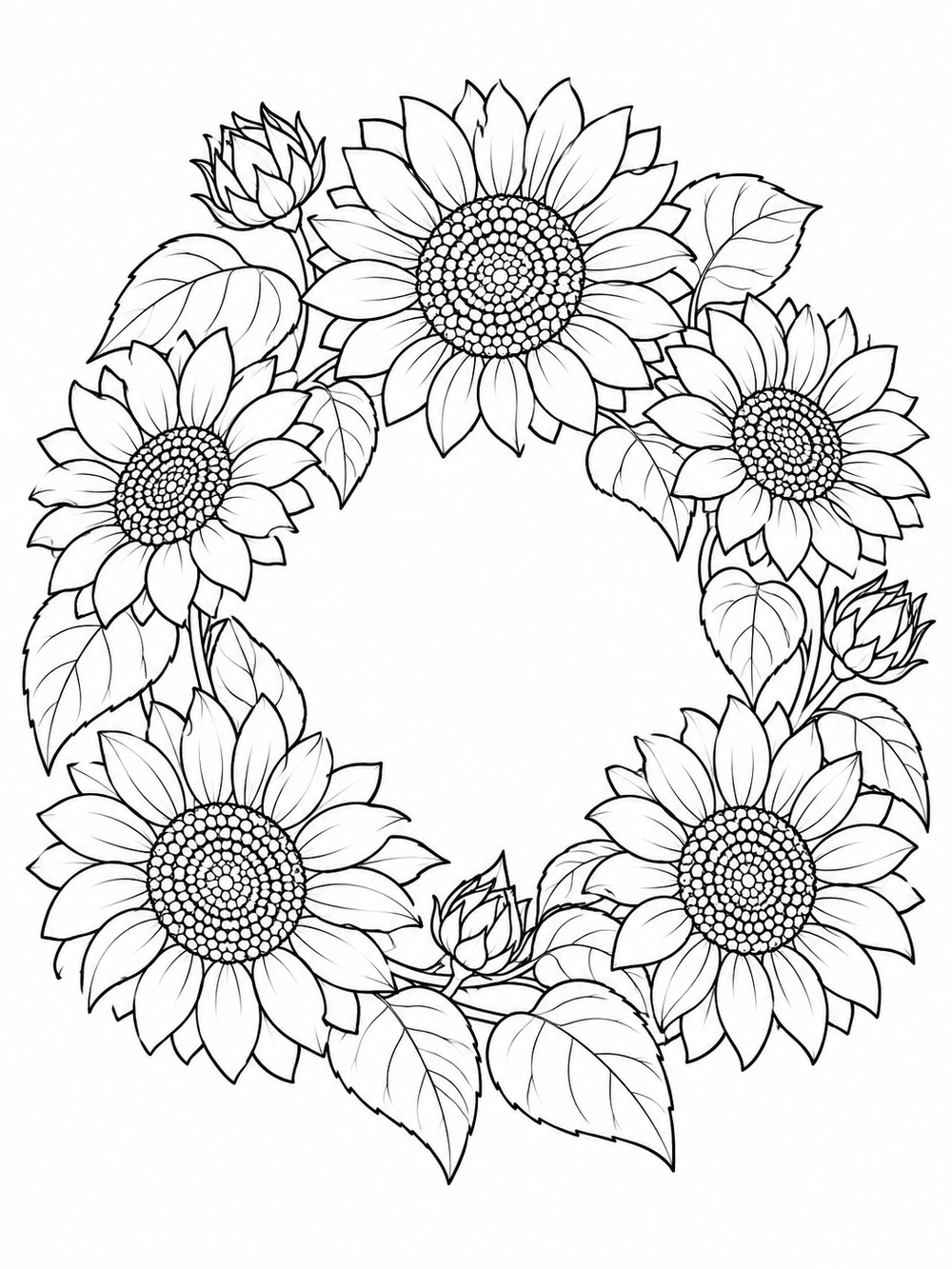 Black-and-white sunflower wreath coloring page with five open blooms, buds, leafy stems and an empty center.