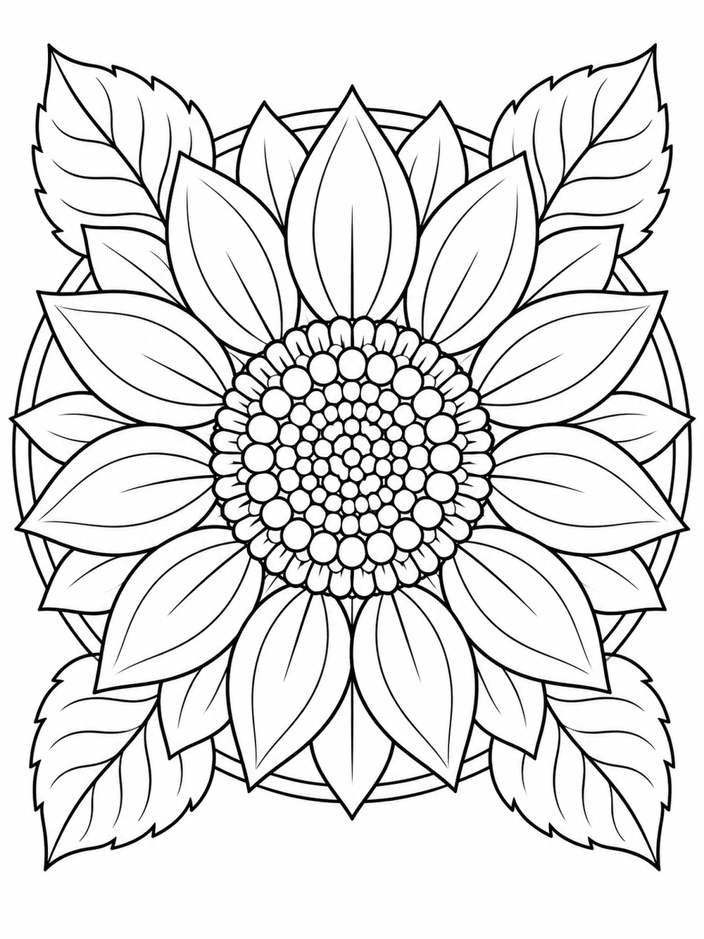 A centered sunflower mandala with broad layered petals, a patterned flower center, and surrounding leaves, drawn in black outlines on white.
