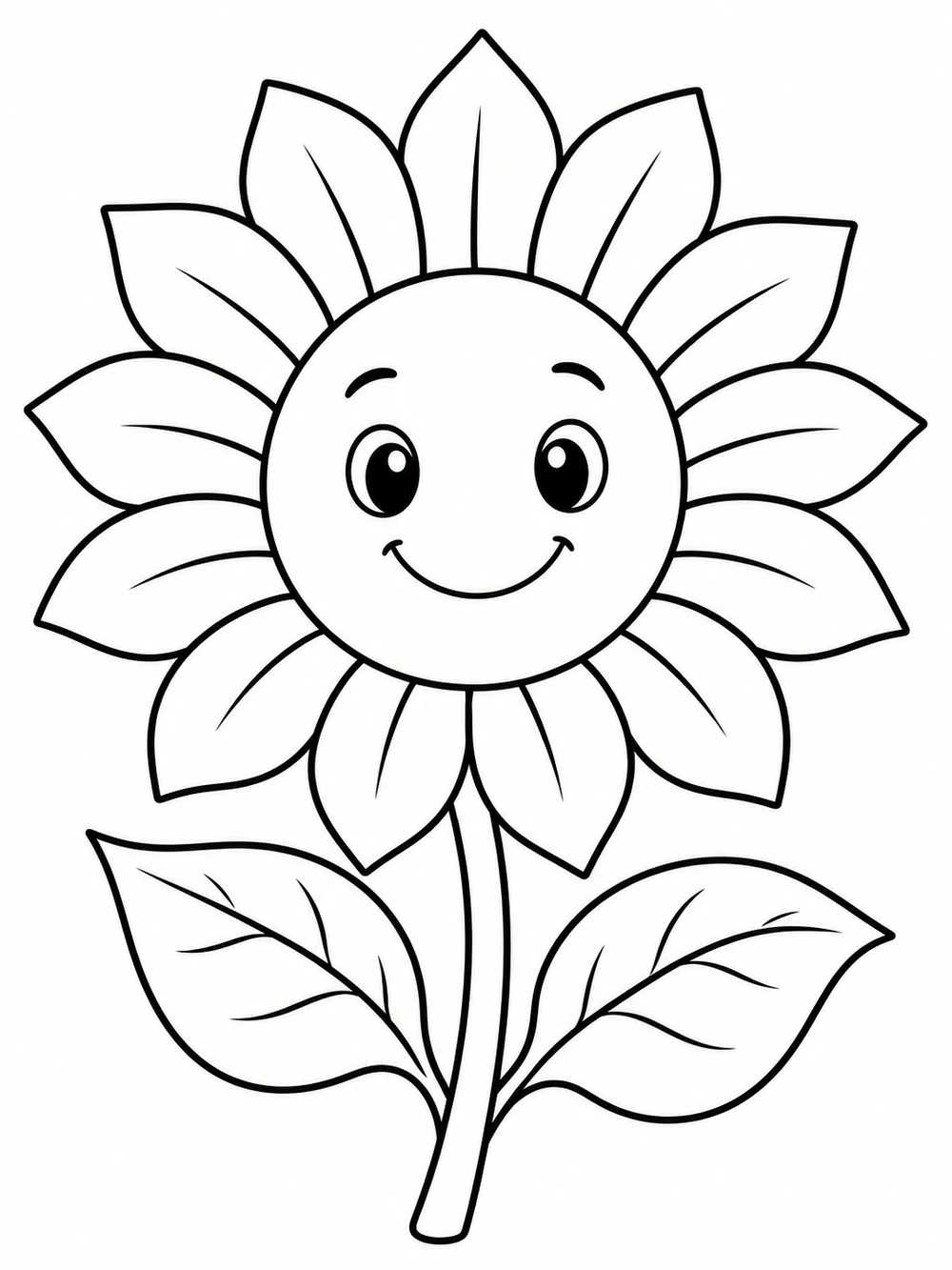 Large smiling sunflower with broad outlined petals, a short stem, and two leaves on white.