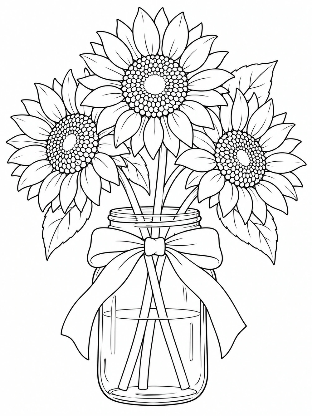 Three cut sunflowers arranged in a mason jar, with visible stems and a large bow around the jar neck.
