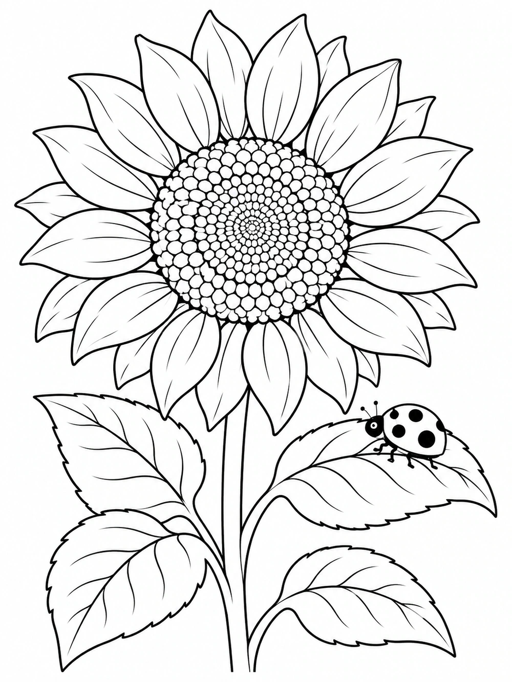 A sunflower with broad petals and a clearly visible spotted ladybug perched on one of its leaves.