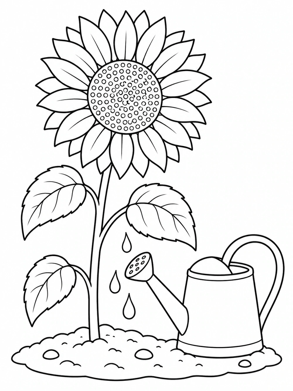 A tall sunflower with broad leaves stands beside a watering can, with water drops and a patch of soil.