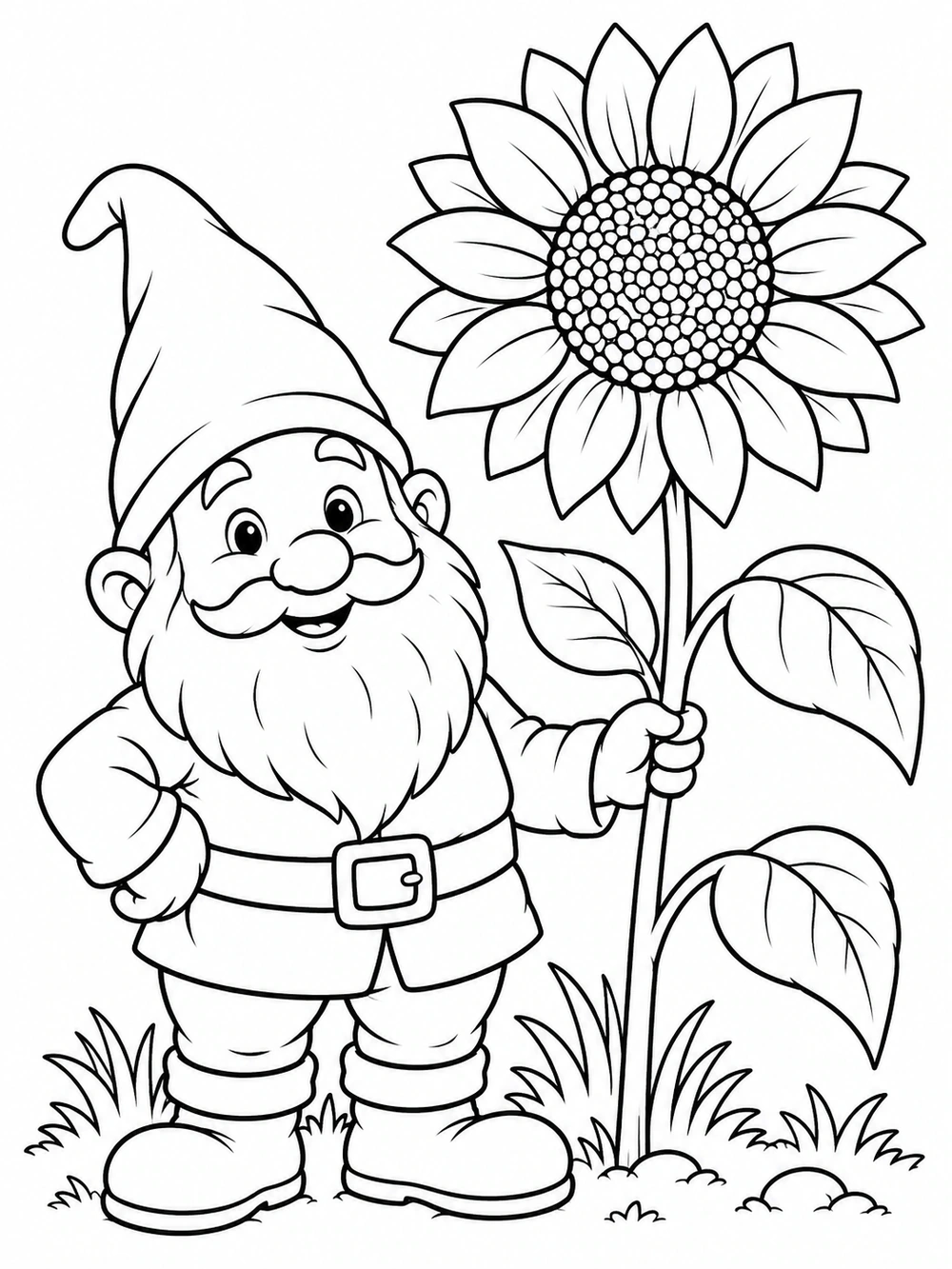 Smiling garden gnome in a pointed hat standing beside a tall sunflower, drawn in black outlines for coloring.