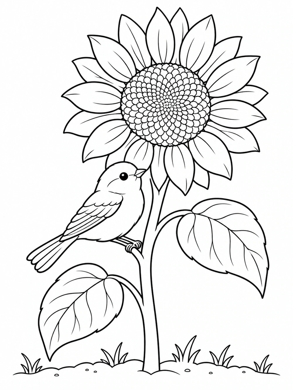 Small songbird perched beside a sunflower bloom