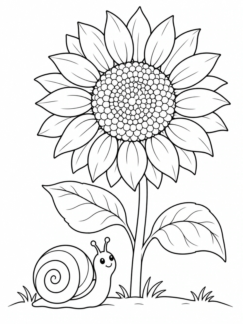Large sunflower with two broad leaves above a smiling snail with a spiral shell.