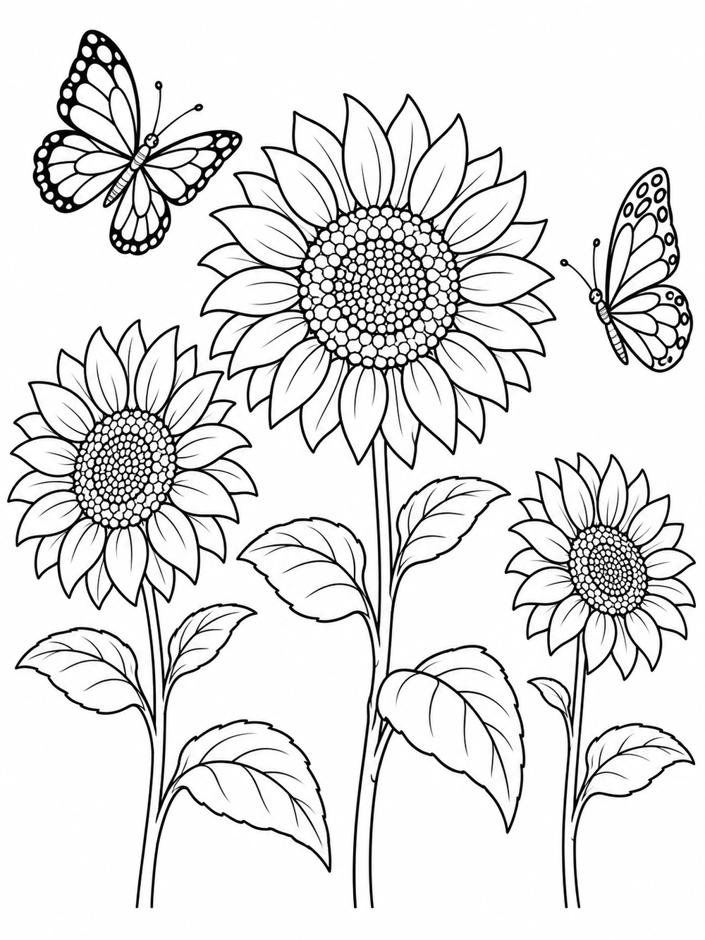Two butterflies flying between three garden sunflowers