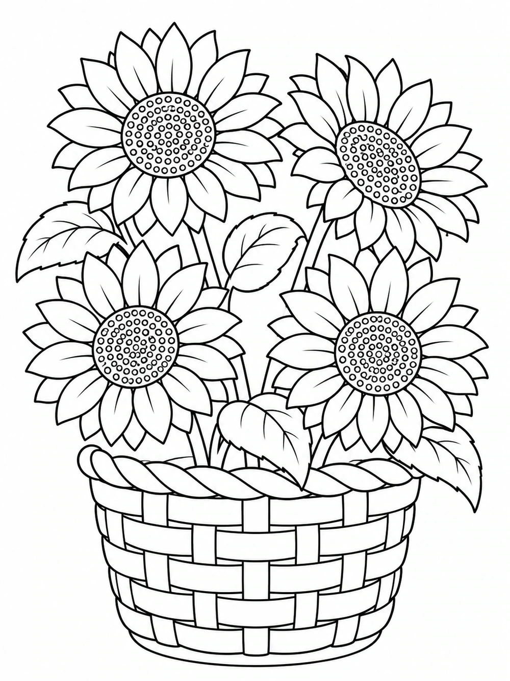 A woven basket with a broad-band weave holds four cut sunflowers with visible stems and leaves.