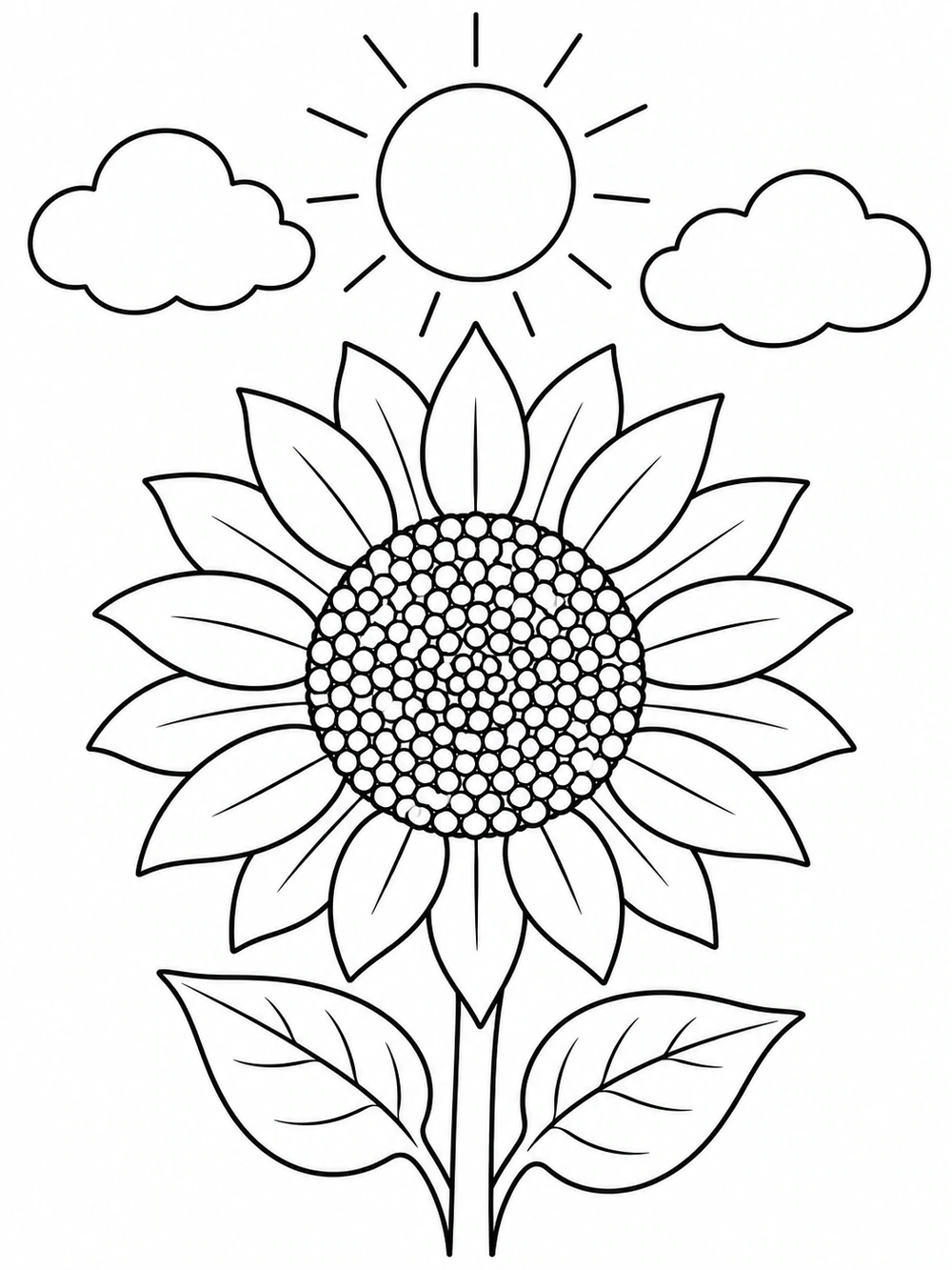 A single tall sunflower with two leaves beneath a sun with rays and two rounded clouds.