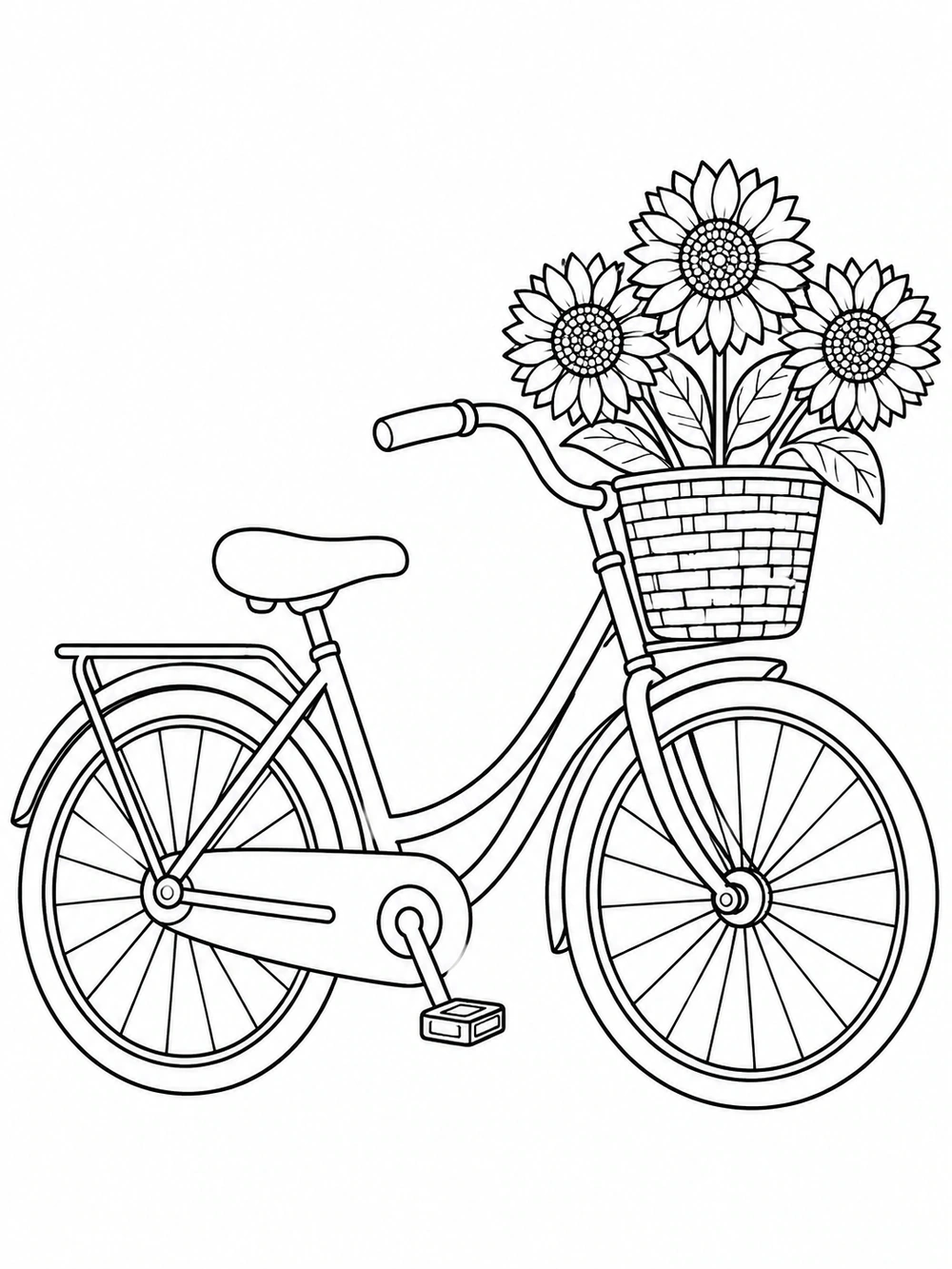 Three sunflowers in a front basket on a simple side-view bicycle.