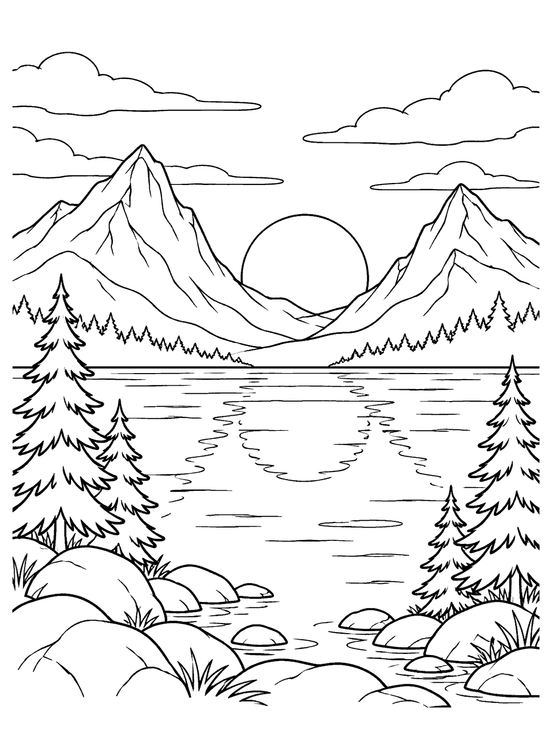A setting sun between mountain peaks reflected in a lake, framed by pine trees and shoreline stones.