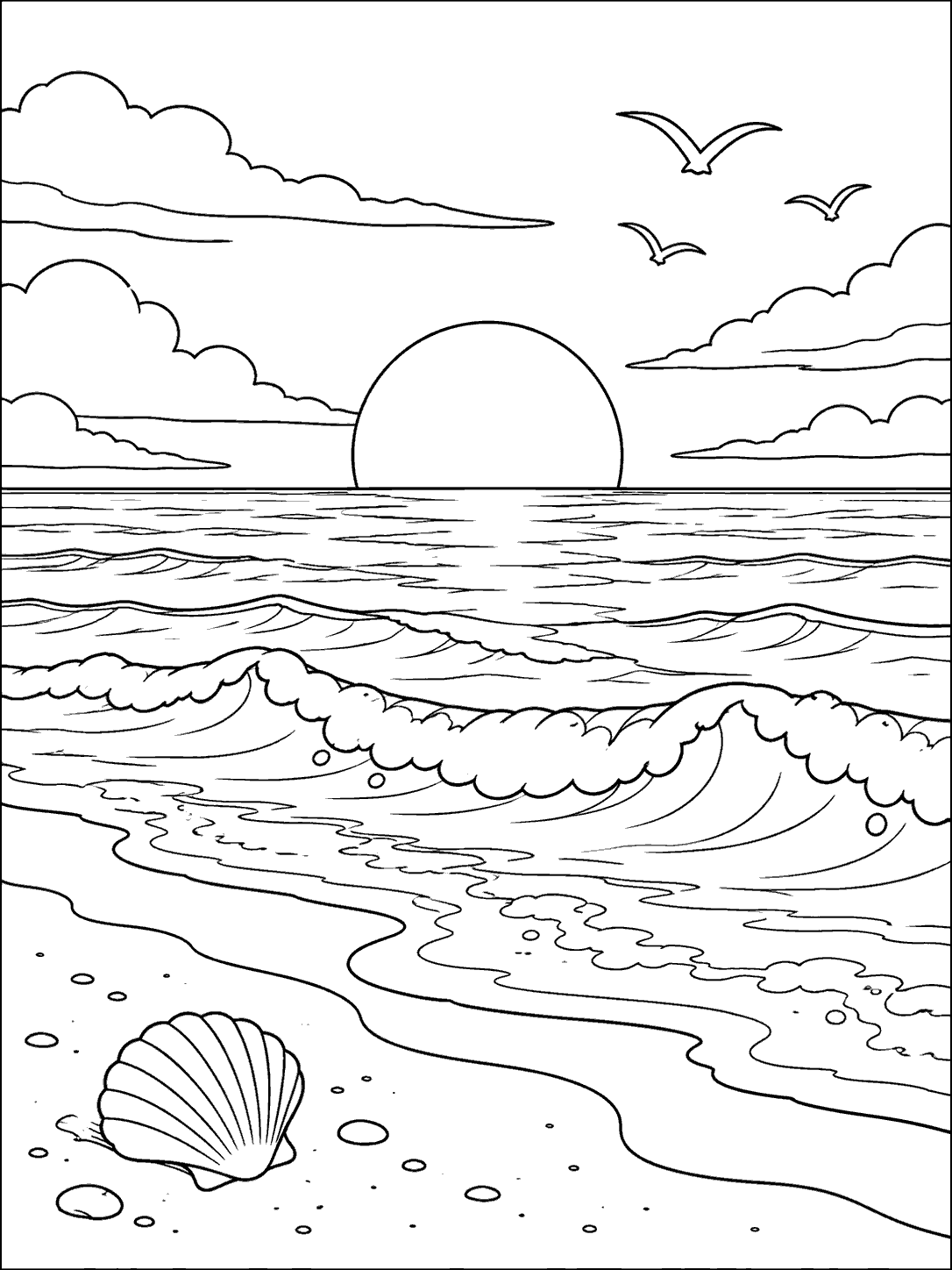 A large setting sun touches the ocean horizon above rolling waves, with seabirds, clouds, and a shell on the sandy beach.