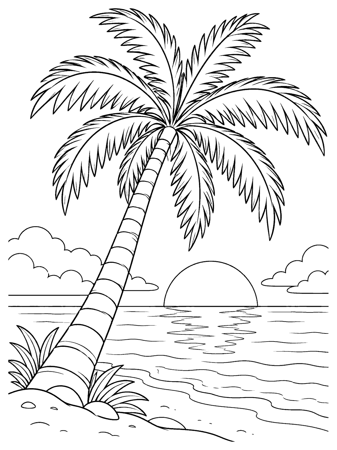 Black-line coloring page of a leaning palm tree beside a shoreline, with the setting sun and calm water behind it.