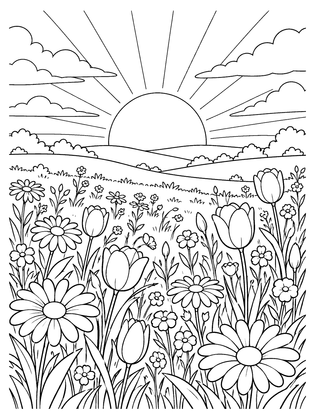 Daisies and tulip-like wildflowers across rolling hills beneath a large setting sun