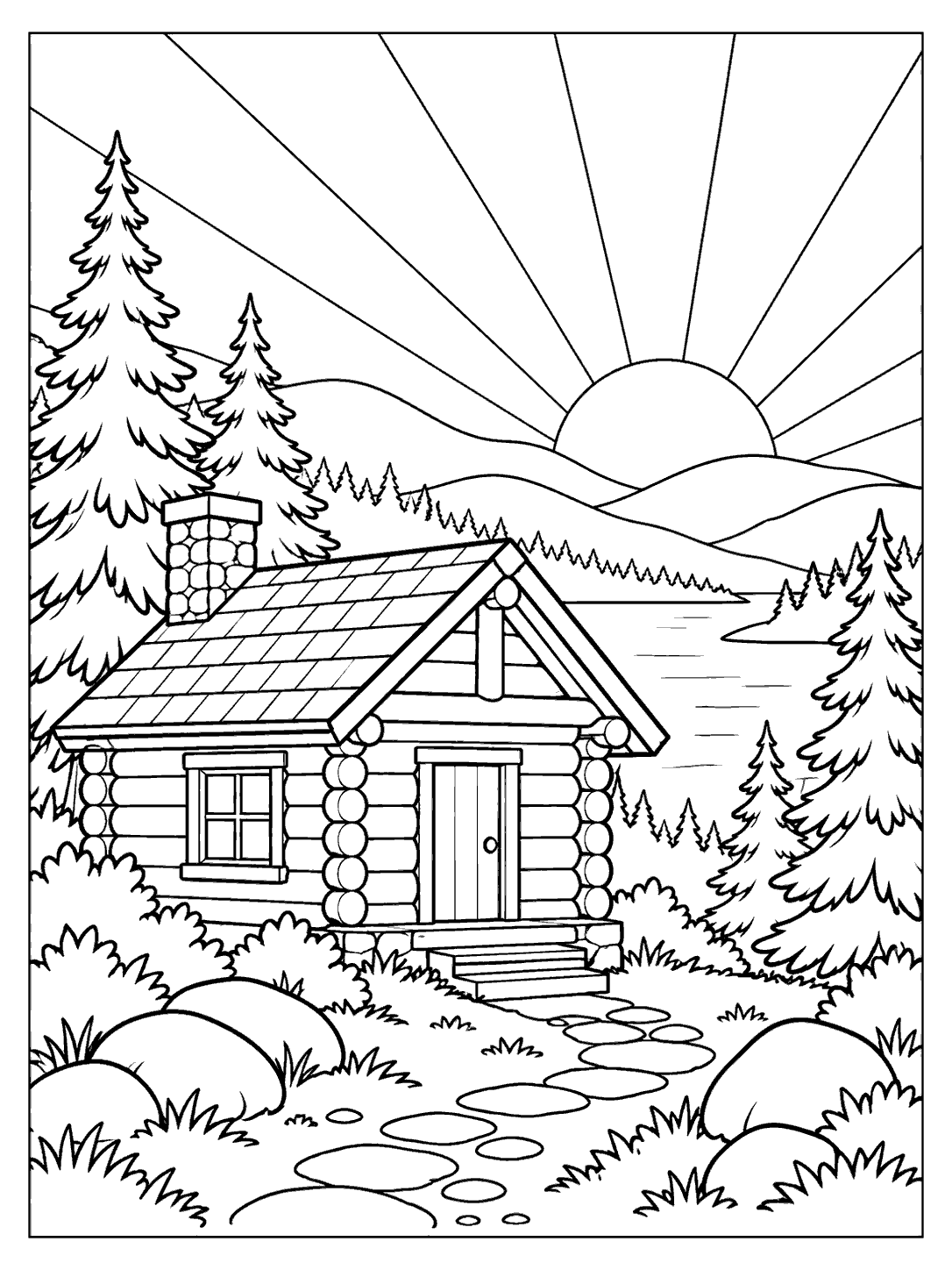Black-outline coloring page of a log cabin among pine trees, with rounded hills and a large setting sun with radiating sky bands.