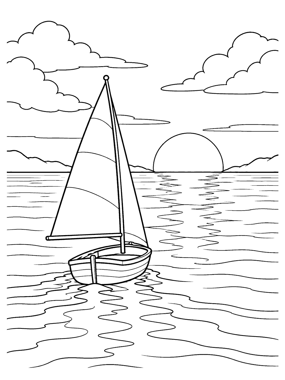 A single-sail boat on calm water, with a setting sun and distant shoreline.