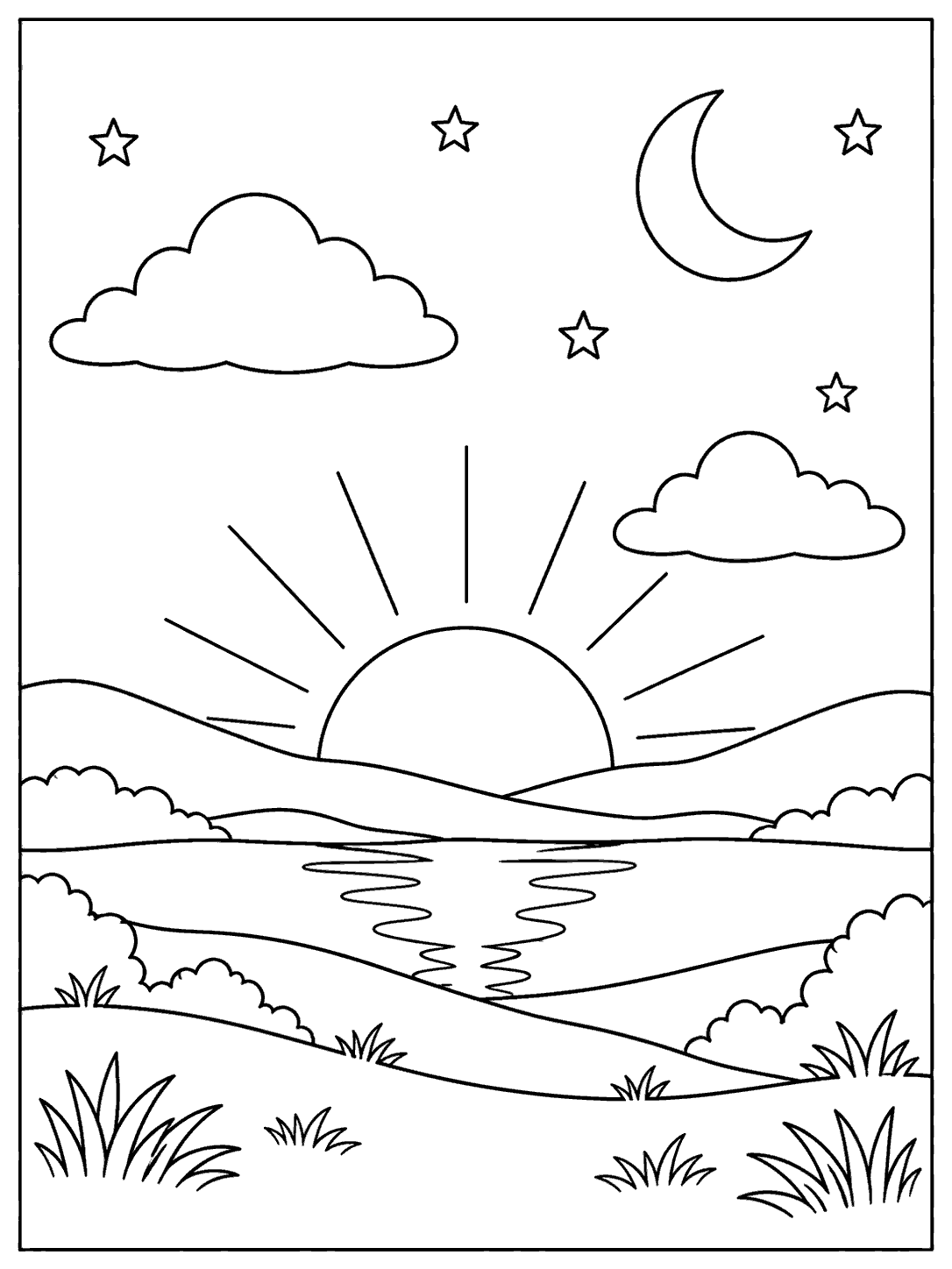 Black-and-white sunset coloring page with a crescent moon, stars, two clouds, layered hills, and a reflective stream.
