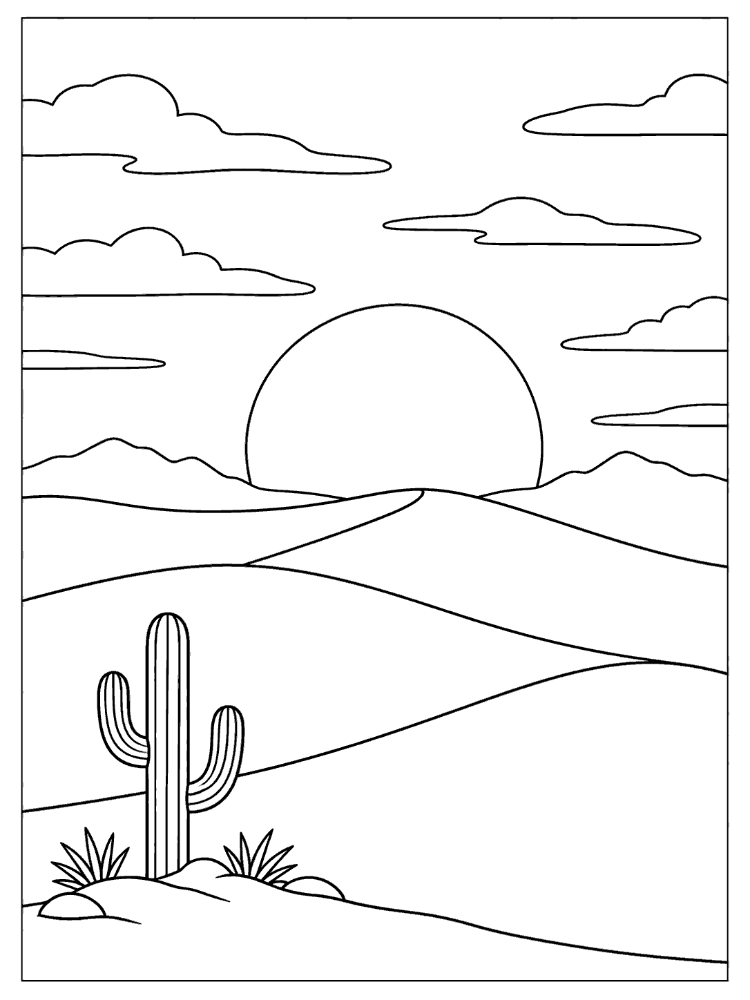 Black-outline desert sunset coloring page with a large horizon sun, layered dunes, clouds, and a foreground cactus.